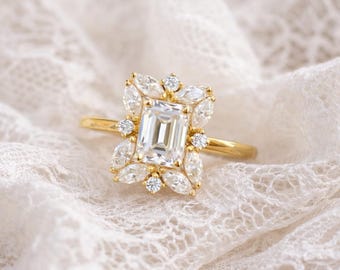 Emerald Cut Moissaniet verlovingsring, bloemen halo ring in 14 kt goud, vintage stijl bruids ring, belofte ring voor haar