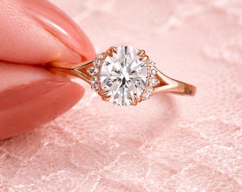 Ovaal geslepen moissaniet verlovingsring, roségouden beloftering, vintage geïnspireerde halo-ring, unieke bruidsring voor vrouwen, jubileumcadeau