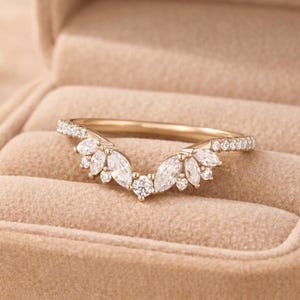Floral Moissanite Wedding Band | V Shape Curved Ring | Dainty Gold Stacking Ring | Minimal Bridal Jewelry