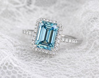 Aquamarijn smaragd geslepen verlovingsring, halo diamantstijl ring in sterlingzilver, geboortesteenring maart