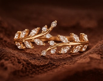 Blatt inspiriert Diamant Ehering aus 14K Gold, Nature Vine Ring, Vintage Floral Moissanit Band, Stapelring für Frauen