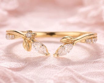 Open ring met moissanietblad, door de natuur geïnspireerde gouden ring, verstelbare wijnstokring, minimalistische bloementrouwring, cadeau voor haar