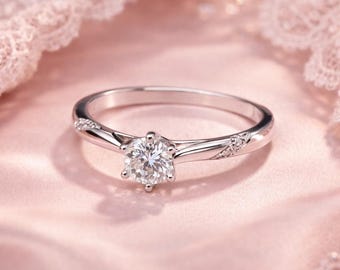 Ronde moissaniet verlovingsring, solitaire moissaniet ring, minimalistische beloftering, alternatieve diamantring, sierlijke trouwring