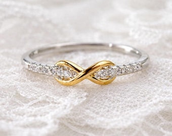 Infinity Twist Moissanite-ring, tweekleurige gouden trouwring, sierlijke Eternity-ring, minimale verlovingsband voor vrouwen