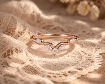 Gebogen trouwring, marquise Moissanite V-ring, chevron stapelband, minimalistische bruidsring