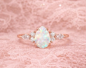 Pear Opal verlovingsring, opaal en moissaniet ring, roségouden beloftering, Teardrop Opal ring, geboortesteen oktober cadeau