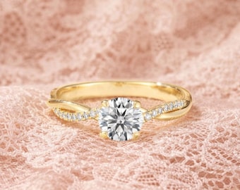 Round Moissanite Engagement Ring, Gold Plated Twisted Band Ring, Promise Ring for Her,  Anniversary Gift, Solitaire Moissanite Ring