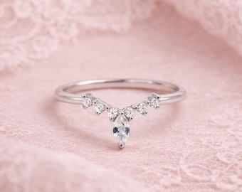 Marquise moissaniet ring met chevron, V-vorm trouwring, witgouden stapelring, sierlijk bruidsverjaardagscadeau voor haar