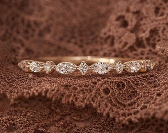 Zilveren marquise moissaniet trouwring | Eternity-ring met bladmotief | Stapelbaar bruidsbandje | Verjaardagscadeau voor haar