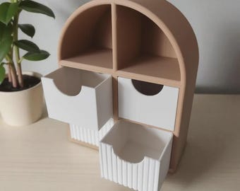 Arch Jewelry Organizer with Drawers | 3D Printed Mini Dresser for Desk, Makeup & Vanity | Modern Ribbed Storage Box | Neutral Home Decor