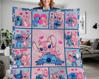 Koc polarowy Lilo i Stitch, spersonalizowany koc polarowy Lilo i Stitch w stylu vintage, prezent dla miłośnika Lilo i Stitch, koc polarowy