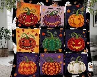 Halloween Colorful Pumpkin Fleece Blanket, Vintage Personalized Fleece Blanket, Jack-o'-lantern, Autumn Pumpkin Blanket