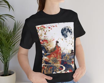 Japanese Geisha Moon T-Shirt, Ukiyo-e Style Japan Art Tee, Red Kimono Sakura Aesthetic Shirt, Traditional Japanese Gift