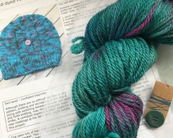 Hand-dyed Knitting Kit, Hat Knitting Kit, Handdyed yarn , Ponytail hat, Colourful Hat Knitting Kit,