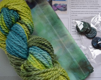 Kit de tricot, teints à la main, col, point de lin, texturé Tweed, alpaga, laine, vert, turquoise, lime