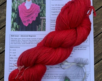 Handdyed shawl knit kit, shawl knitting kit, handdyed yarn, merino silk cashmere handdyed yarn, original pattern, shawl kit, shawlette