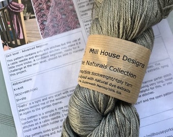 Strickpackung, Strickpackung, handgefärbtes Garn, Naturfarben, Schal, Merinoseide, Spitze, Zopfmuster
