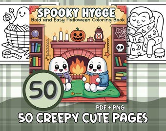 May include: A Halloween-themed coloring book cover with the text "SPOOKY HYGGE" and "50 CREEPY CUTE PAGES." The image features illustrations of ghosts, a fireplace, a pumpkin, and a vampire reading. The book is available in PDF and PNG formats.