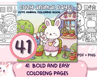 Bold and Easy Cozy Animals Coloring Book | 41 Kawaii Relaxing Pages PDF + PNG