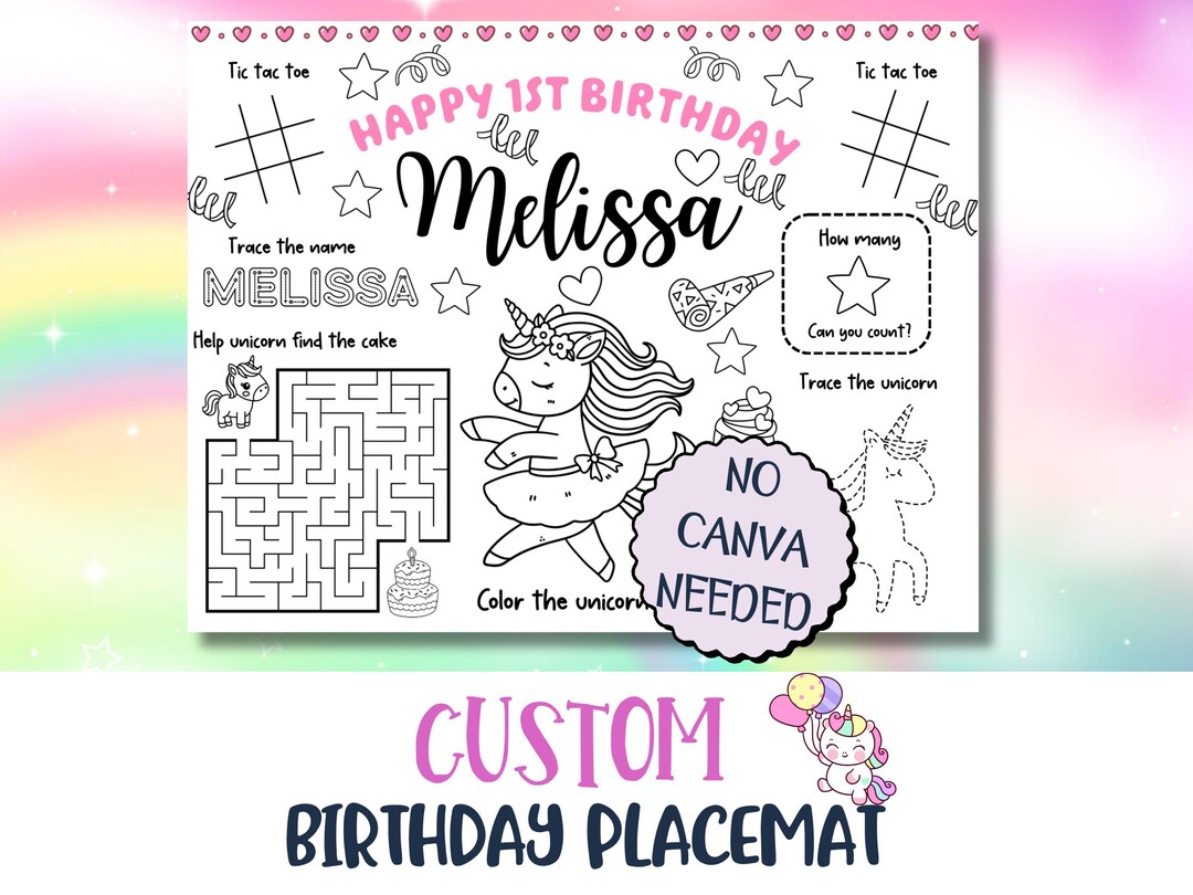 Custom Unicorn Birthday Placemat Printable, Personalized Kids Coloring ...