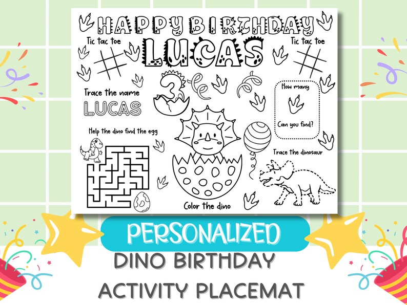Personalized Dinosaur Birthday Coloring Placemat | Printable Activity ...