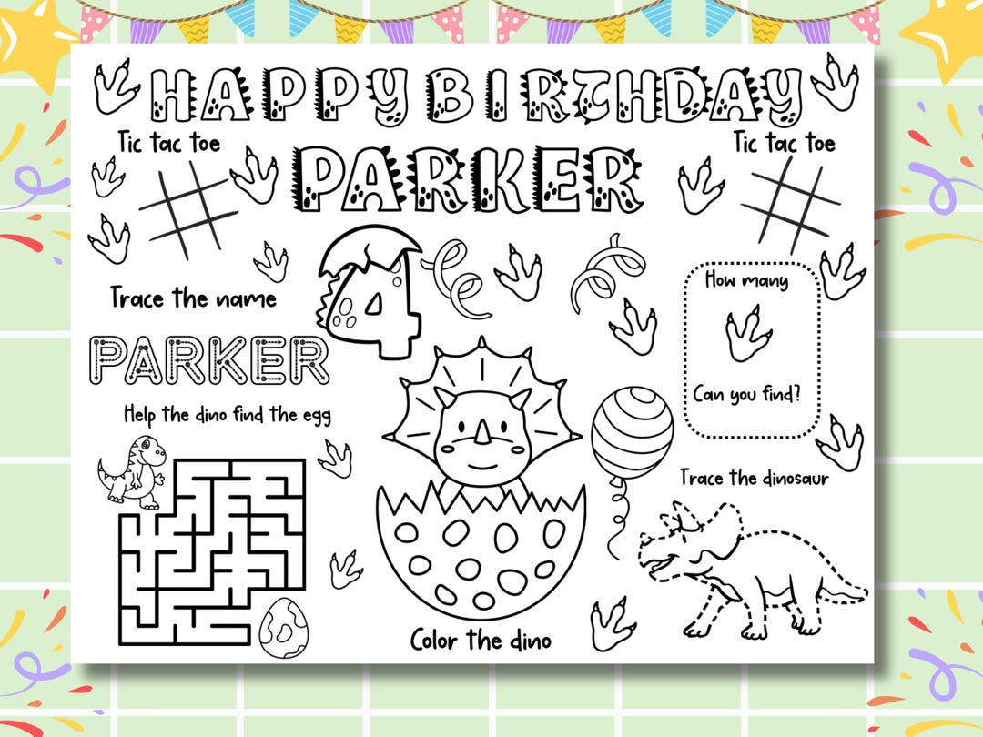 Personalized Dinosaur Birthday Coloring Placemat | Printable Activity ...