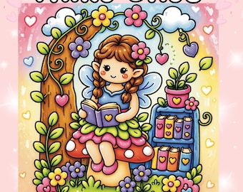 May include: A colouring book cover titled FAIRY DAYS BOLD AND EASY COLOURING BOOK featuring a cartoon fairy with brown braided hair and blue wings sitting on a red mushroom while reading a book, surrounded by flowers, a tree, and a bookshelf.