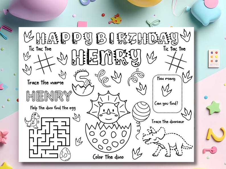 Personalized Dinosaur Birthday Coloring Placemat | Printable Activity ...