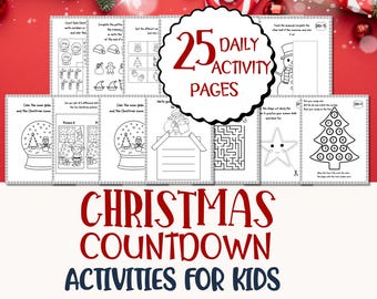 Puede incluir: Un conjunto de 25 páginas de actividades diarias para niños, con juegos de colorear y rompecabezas con temática navideña. Las páginas incluyen imágenes de bolas de nieve, árboles de Navidad y muñecos de nieve. El título "Christmas Countdown Activities for Kids" se muestra en rojo y azul.
