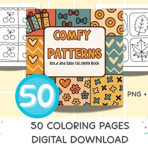 Puede incluir: Un gráfico de descarga digital con un libro para colorear titulado "Comfy Patterns" con el texto "Bold and Easy Coloring Book". La imagen incluye un círculo azul con el número "50" y el texto "50 Coloring Pages Digital Download."