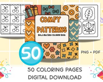 May include: A digital download graphic featuring a coloring book titled "Comfy Patterns" with the text "Bold and Easy Coloring Book." The image includes a blue circle with the number "50" and the text "50 Coloring Pages Digital Download."