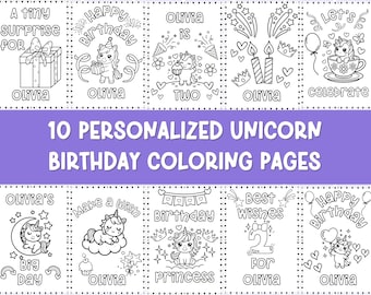 Personalized Birthday Coloring Pages – Custom Name Unicorn Printable Party Activity Set