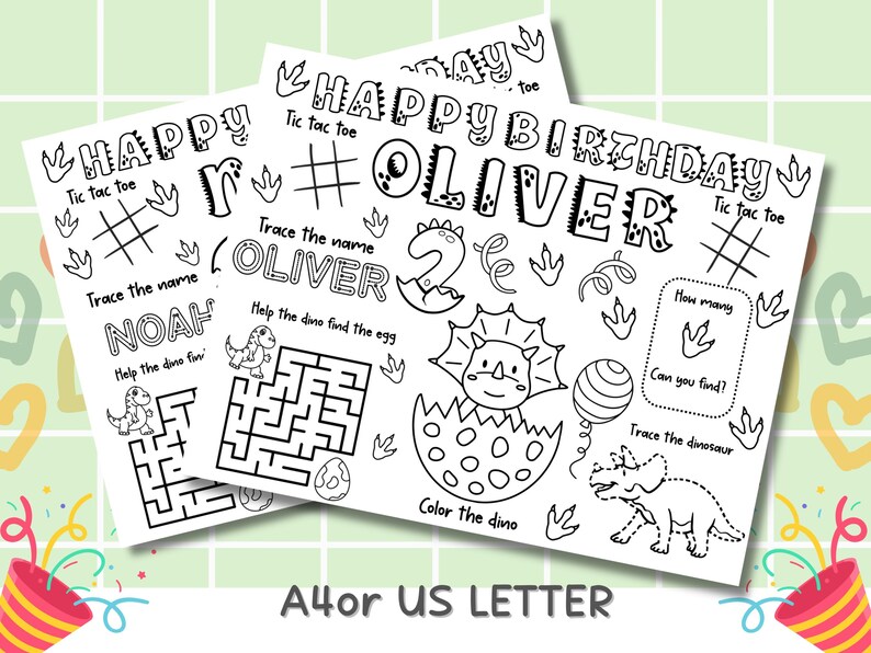 Personalized Dinosaur Birthday Coloring Placemat | Printable Activity ...