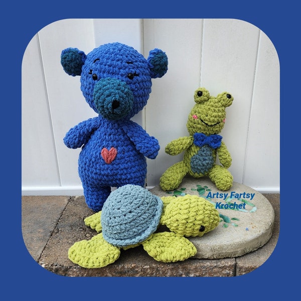 Choose Tuttle Turtle, Boogie Bear or Fergie the bowtie wearing frog.  Each made from chunky blanket yarn.  Large amigurumi. Snuggler.