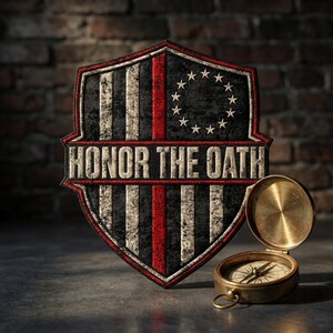 Könnte beinhalten: Ein schildförmiger Aufnäher mit einem schwarz-weiß-roten Streifenmuster, einem Kreis aus dreizehn weißen Sternen und dem Schriftzug "HONOR THE OATH" in fetter Schrift. Neben dem Aufnäher liegt ein offener, messingfarbener Magnetkompass.