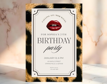 Convite de aniversário com estampa de oncinha, festa temática de esposa de mafioso, modelo editável no Canva (download em PDF)