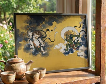 May include: A framed artwork with a gold background and illustrations of two figures in a dynamic composition. A ceramic teapot and teacups are arranged on a wooden shelf, creating a serene, artistic display.