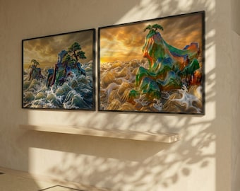 May include: Two framed landscape art prints. Each print features a colorful, stylized mountain with a small tree atop, surrounded by ocean waves. The sky is a mix of orange and yellow hues.
