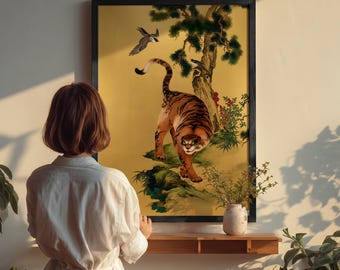 The Vigilant Tiger: Golden Realm of Pine and Birds