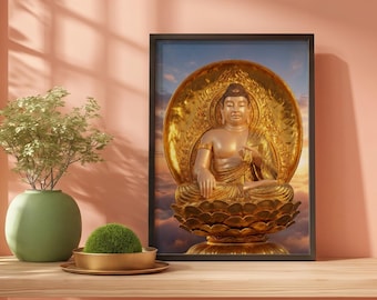 May include: A framed golden Buddha statue in a seated position, set against a backdrop of clouds and a sunset sky. The statue is intricately detailed, with a large halo and lotus flower base. The frame is black.