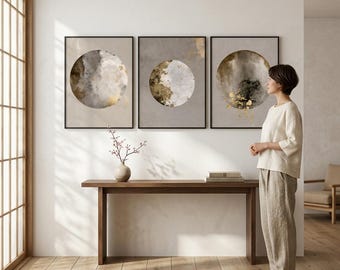Abstract Gold Enso Circle Wall Art Set of 3, Minimalist Zen Triptych, Beige & Gold Textured Modern Decor