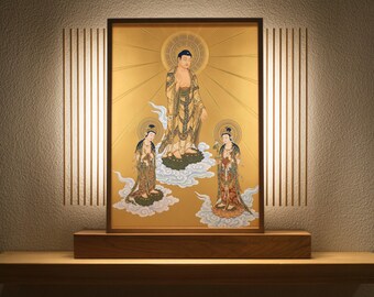 Amida Raigo Triptych: Golden Radiance of Pure Land