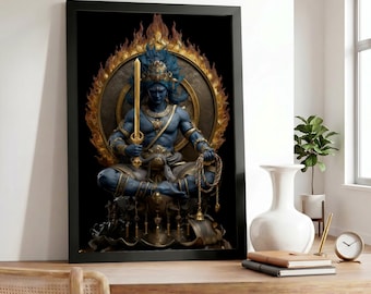 May include: Framed artwork featuring a blue deity figure in a meditative pose, holding a sword and a rope. The figure is set against a black background with a golden halo and flames. The artwork is displayed on a wooden desk.