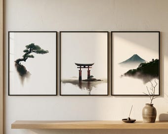 Japandi Zen Landscape Triptych | Serene Japanese 3 Piece Wall Art | Minimalist East Asian Nature Set