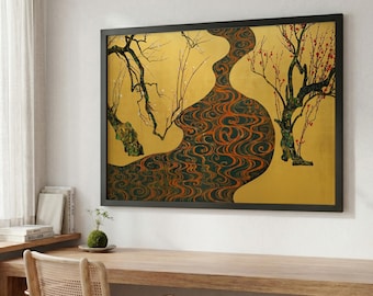 May include: Framed artwork featuring a stylized river flowing through a golden background. The river is depicted with swirling patterns in shades of green and orange. Bare tree branches and red blossoms add detail to the composition.