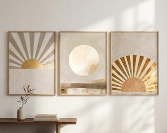 Minimalist Sun Moon 3 Piece Wall Art Set | Abstract Gold Celestial Triptych | Earth Tone Modern Home Decor