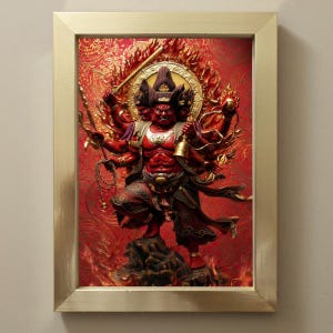 Puede incluir: Obra de arte enmarcada que representa una deidad roja de múltiples brazos con una expresión severa. La figura sostiene varios objetos, incluyendo una espada y una campana, sobre un fondo rojo ardiente con detalles dorados. El marco es de color oro claro.