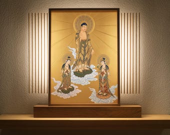 Amida Raigo Triptych: Golden Radiance of Pure Land