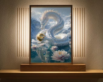 May include: A framed art print featuring a white dragon holding a golden orb above water lilies. The dragon has blue eyes and is set against a backdrop of mountains and clouds. The artwork is displayed on a wooden shelf with a warm light fixture on either side.