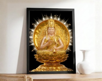 May include: A framed golden Buddha statue with a radiant halo against a black background. The statue is seated on a lotus flower base, with intricate details and a serene expression. The artwork is displayed on a wooden surface.
